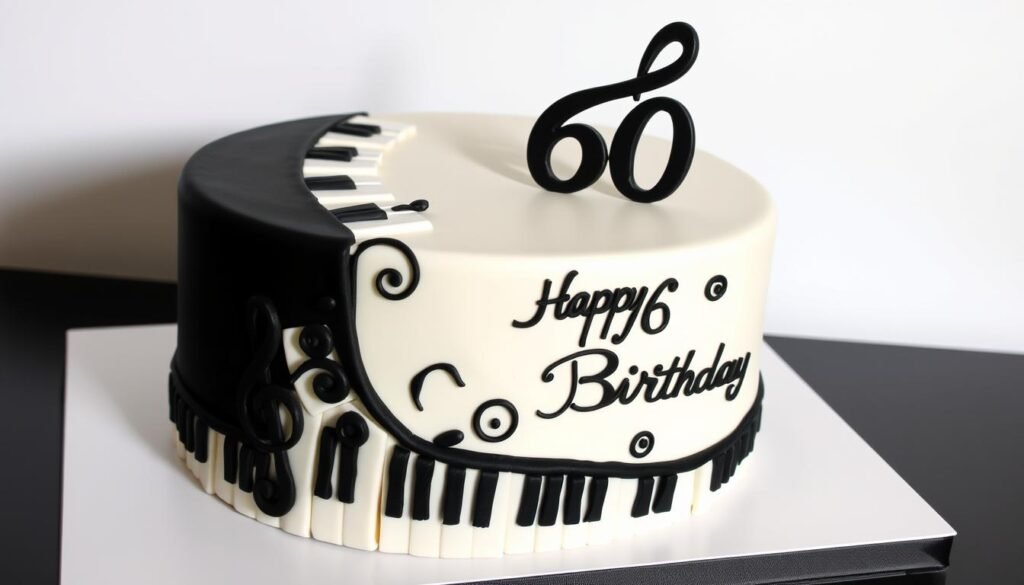 Music-themed 60th birthday cake with fondant piano keys and musical notes