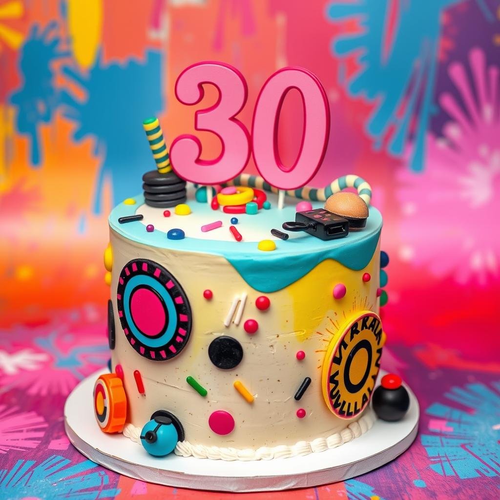 Nostalgic 90s themed 30th birthday cake with retro decorations