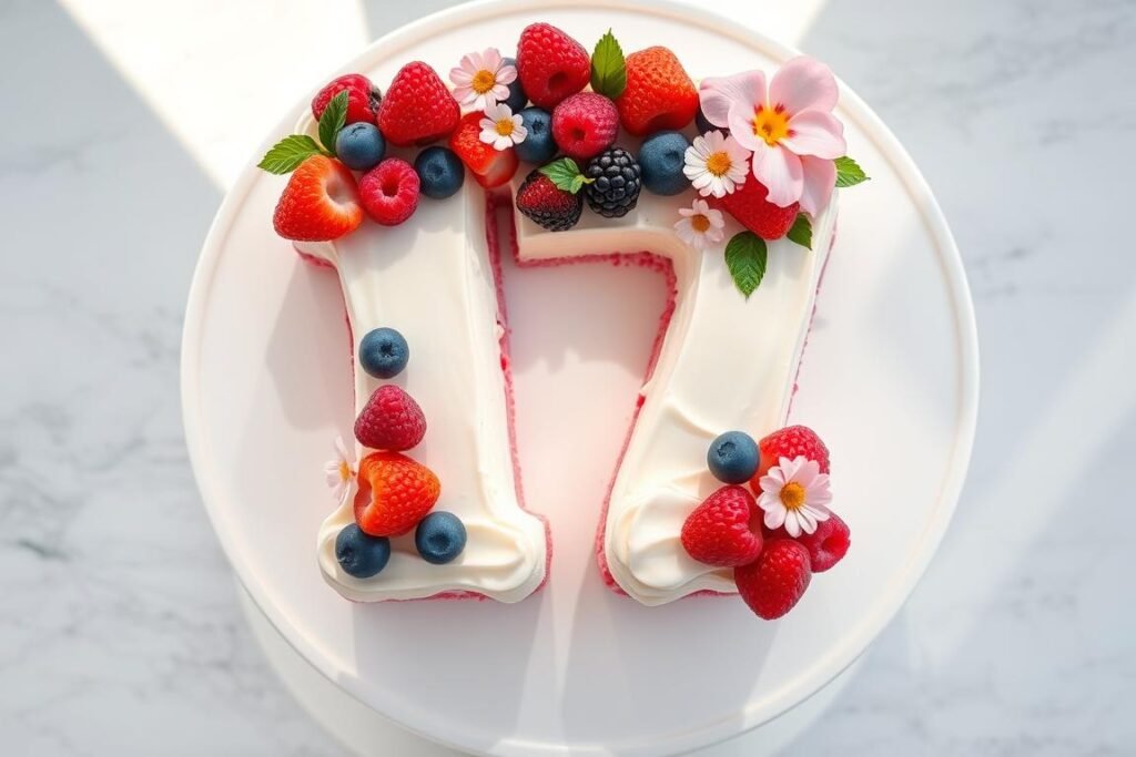 Number 17 cake decorated with fresh berries and macarons