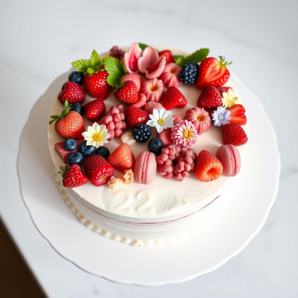 Number 22 cake decorated with fresh berries and flowers