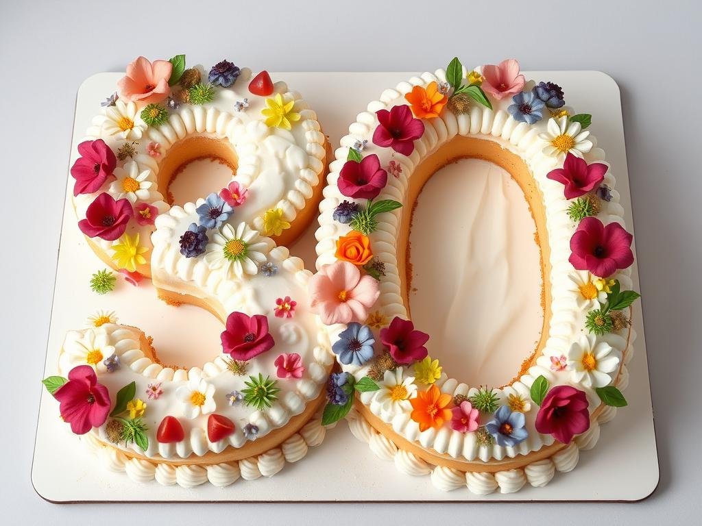 Number 30 shaped cake with various decorations