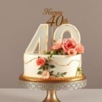 Number 40 cake with gold decorations for 40th birthday celebration