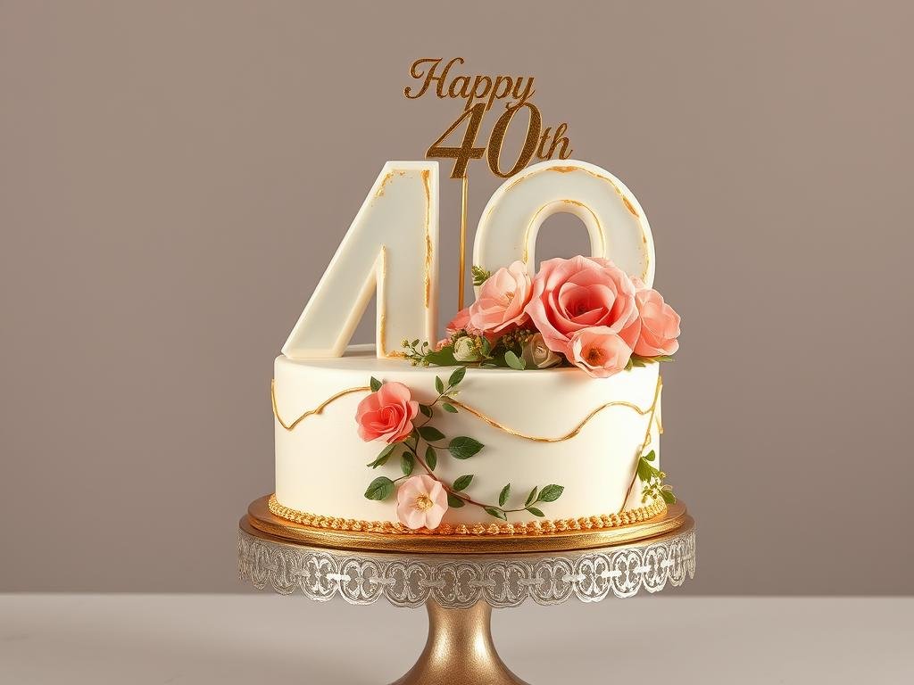 Number 40 cake with gold decorations for 40th birthday celebration