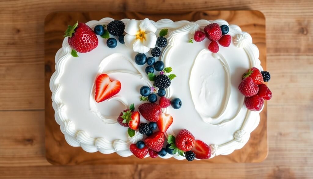 Number 60 shaped cake with fresh berries and cream decoration