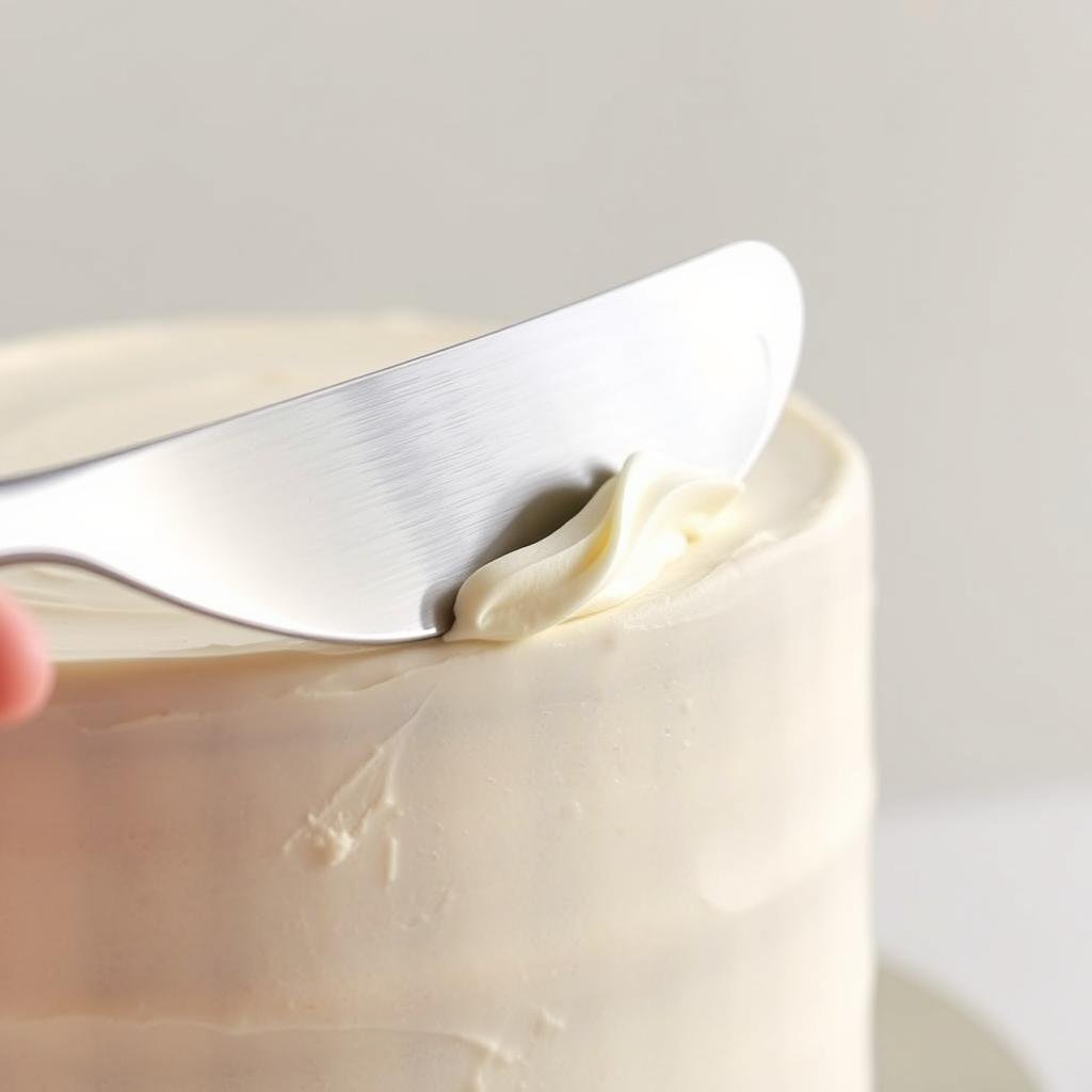 Offset spatula smoothing frosting on a cake