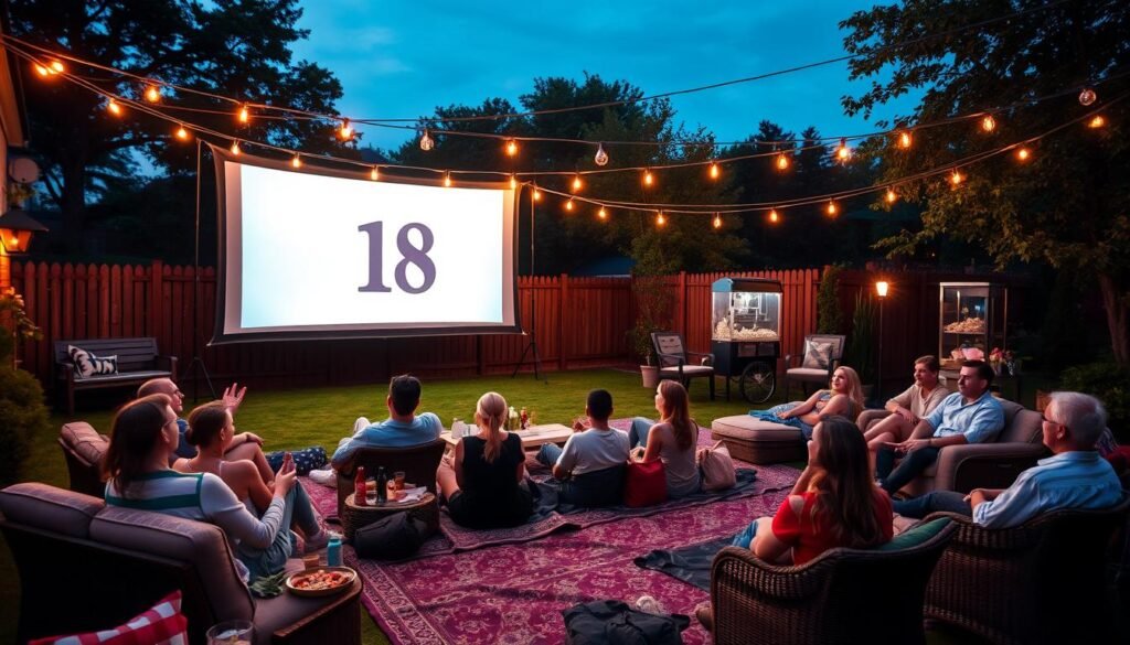 Outdoor Movie Night 18th birthday party with projector screen, comfortable seating, and string lights
