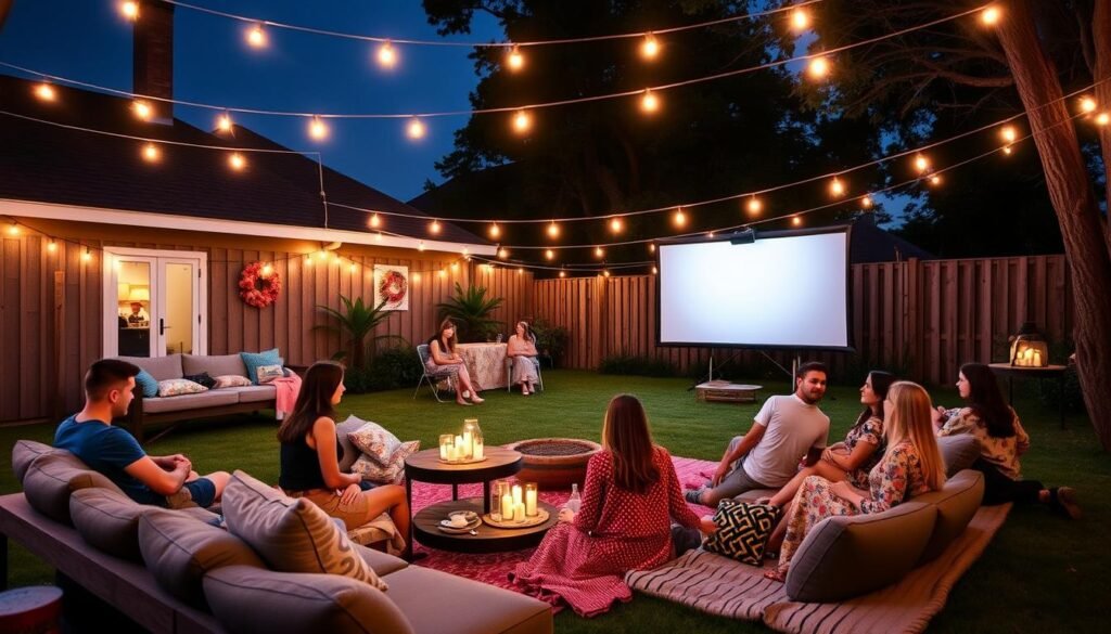 Outdoor movie night for 18th birthday with projector setup, comfortable seating, and nighttime ambiance