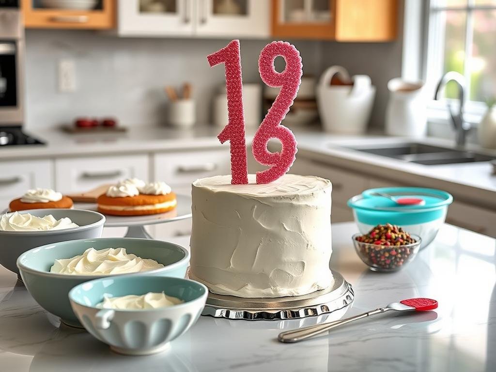 Partially assembled 19th birthday cake showing time-saving preparation Partially assembled 19th birthday cake showing time-saving preparation