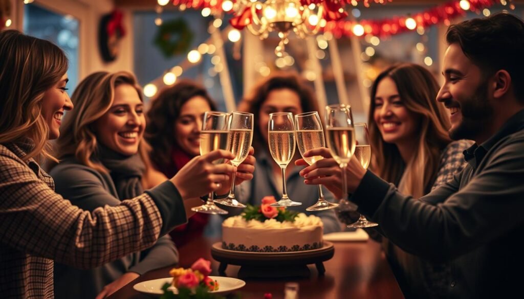 Person celebrating a milestone birthday with friends, champagne glasses clinking, ideal for milestone birthday captions for Instagram for yourself