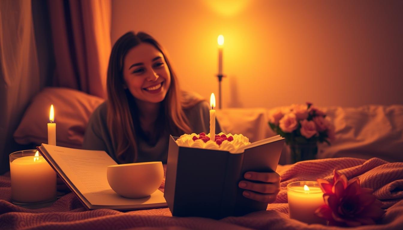 Person celebrating birthday alone with cake and self-care items, embodying birthday quotes for me