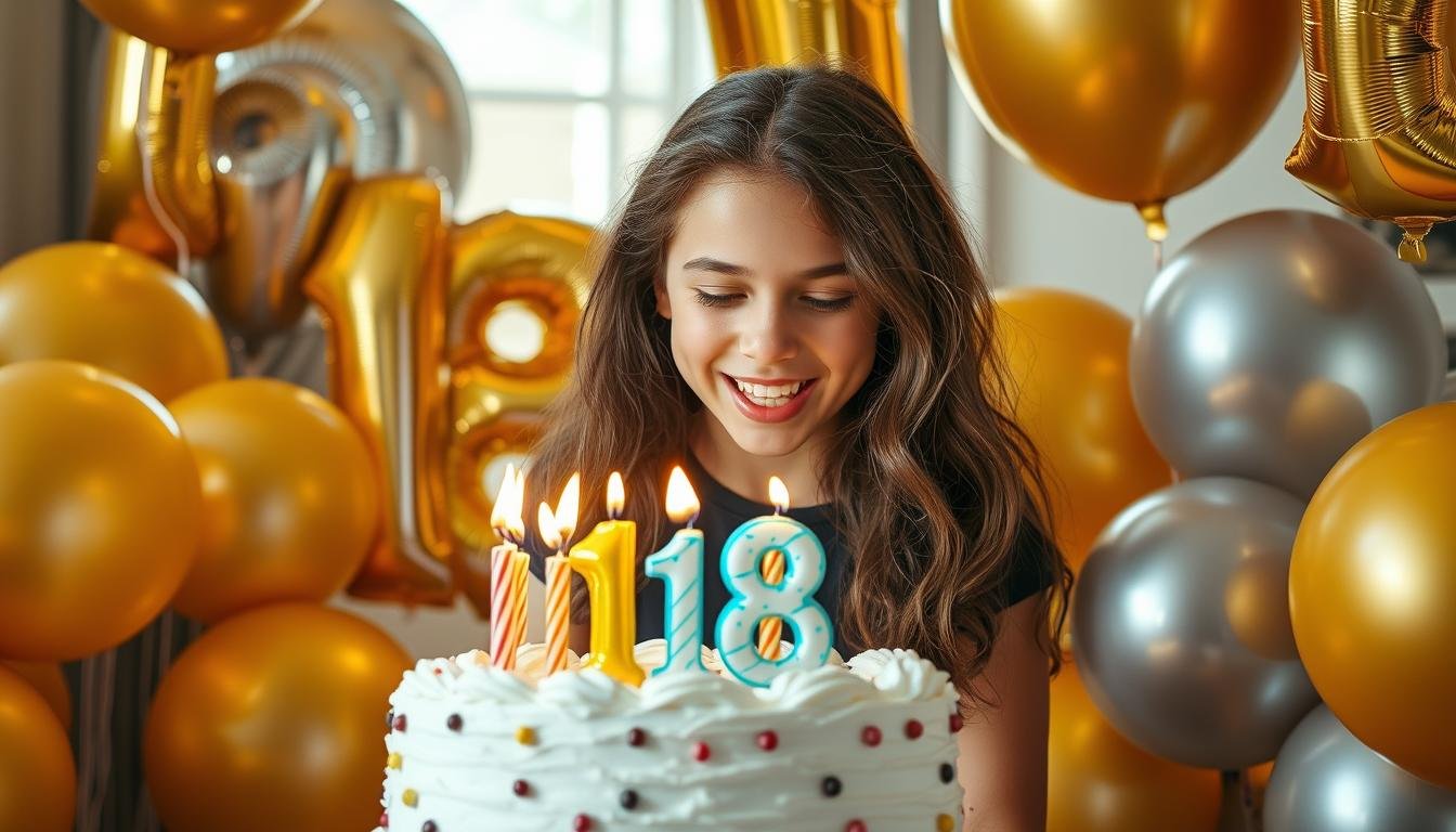 Person celebrating their 18th birthday with balloons and a cake
