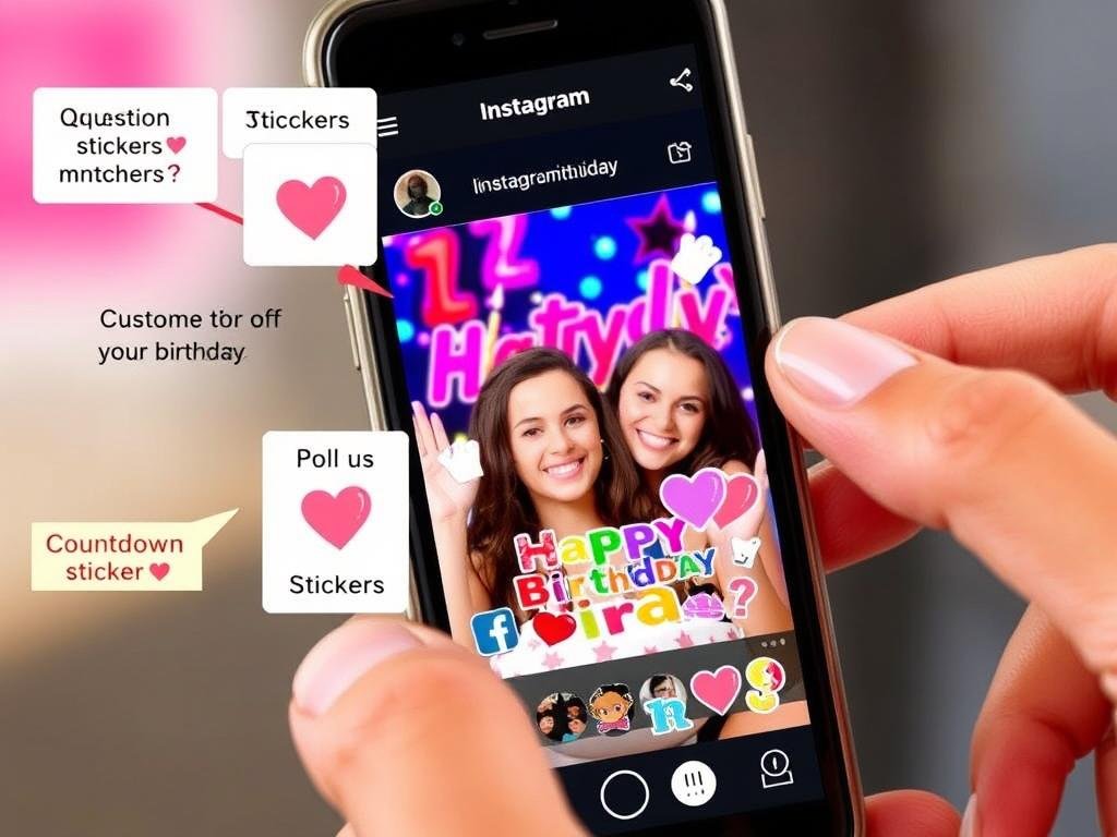 Person creating an Instagram Story for a birthday with interactive stickers