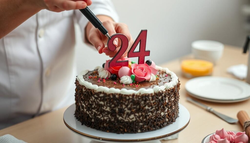 Person decorating a homemade 24th birthday cake