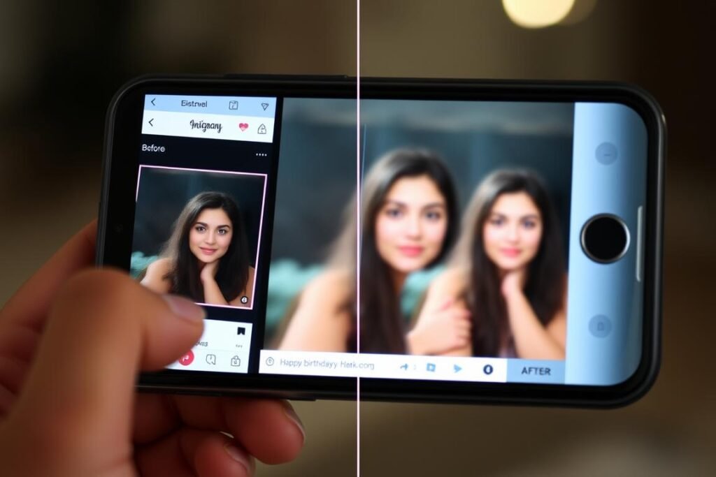 Person editing a birthday post on Instagram to improve quality and engagement