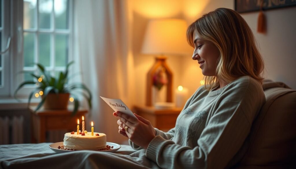 Person peacefully celebrating with birthday quotes for me card in hand