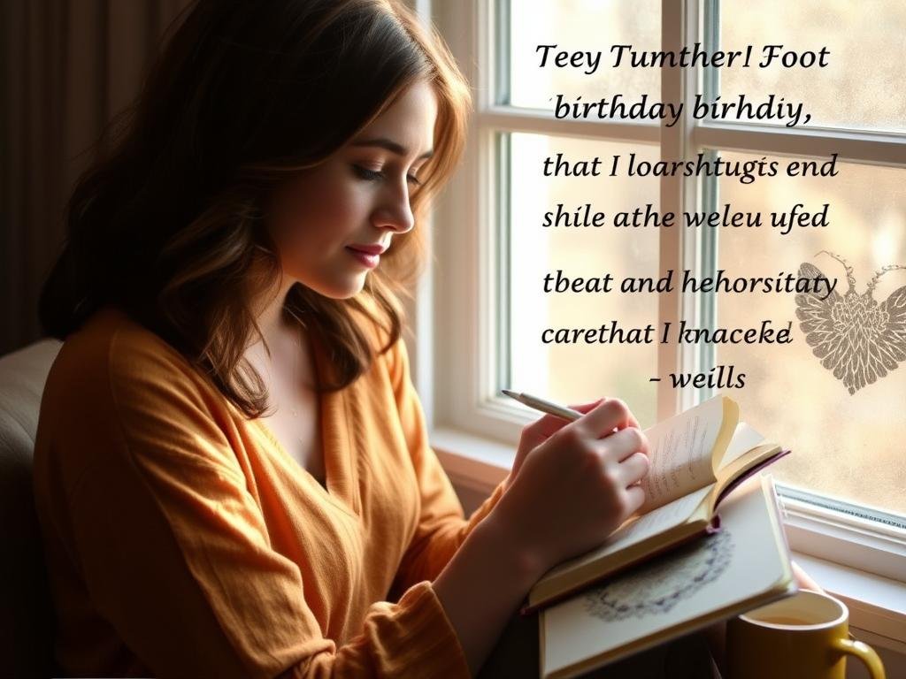 Person reflecting by window with journal writing birthday quotes for me