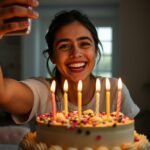 The Ultimate Guide to Birthday Captions for Instagram: Celebrate Yourself! Person taking a birthday selfie with cake and candles, perfect for short birthday captions for Instagram for yourself