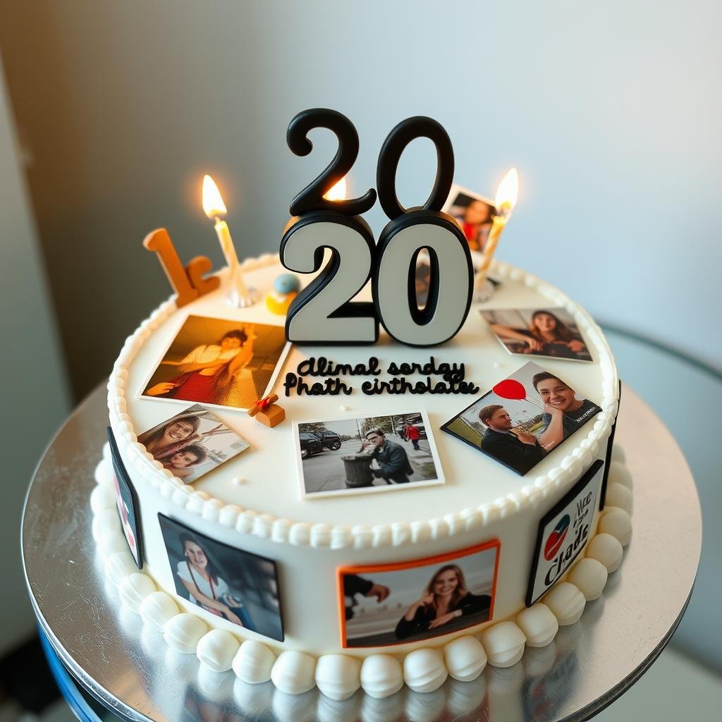 Personalized 20th birthday cake featuring photo prints and personal achievements