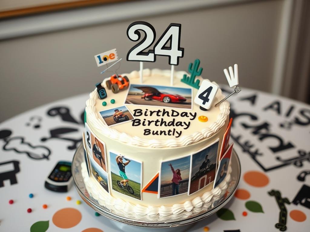 Personalized 24th birthday cake telling the person's life story