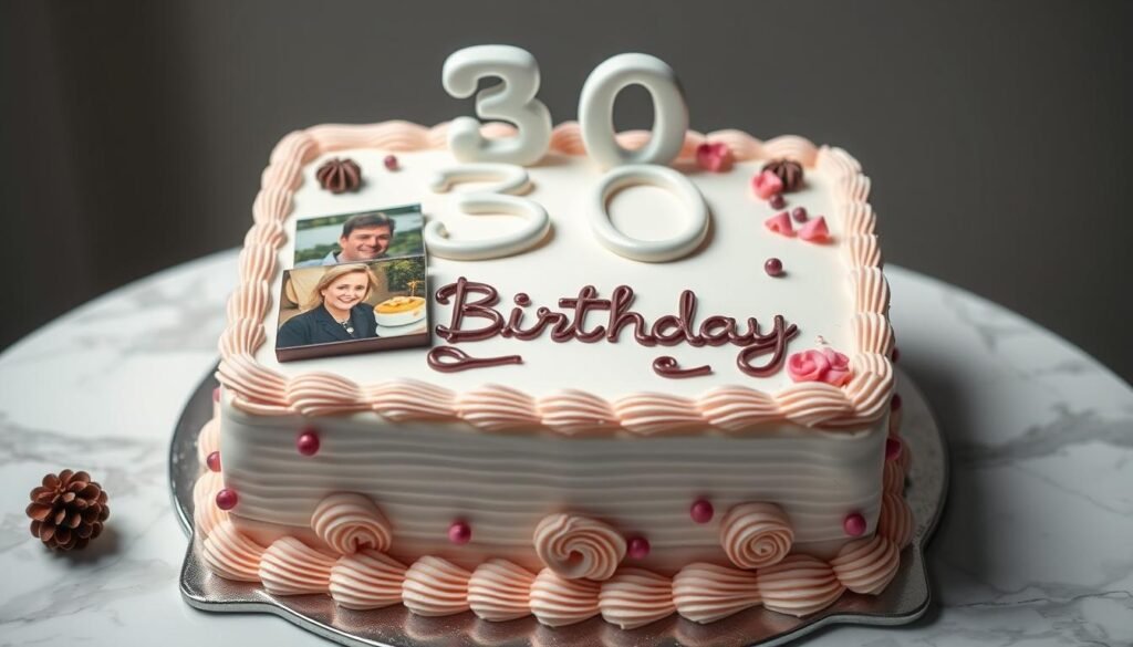 Personalized 30th birthday cake with custom decorations and message