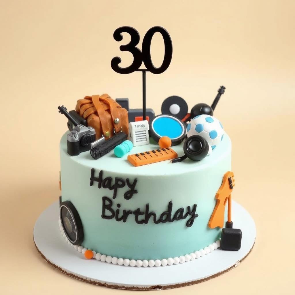 Personalized hobby-themed 30th birthday cake showing interests