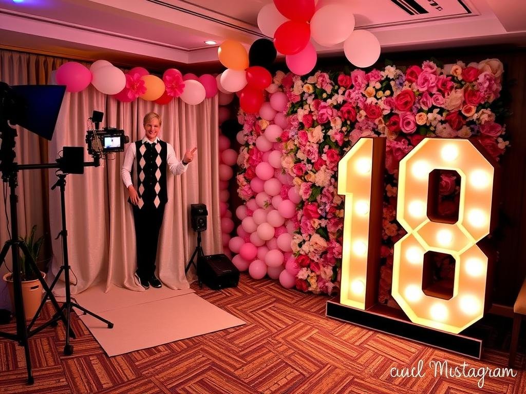 Photo booth and backdrop setups for 18th birthday party