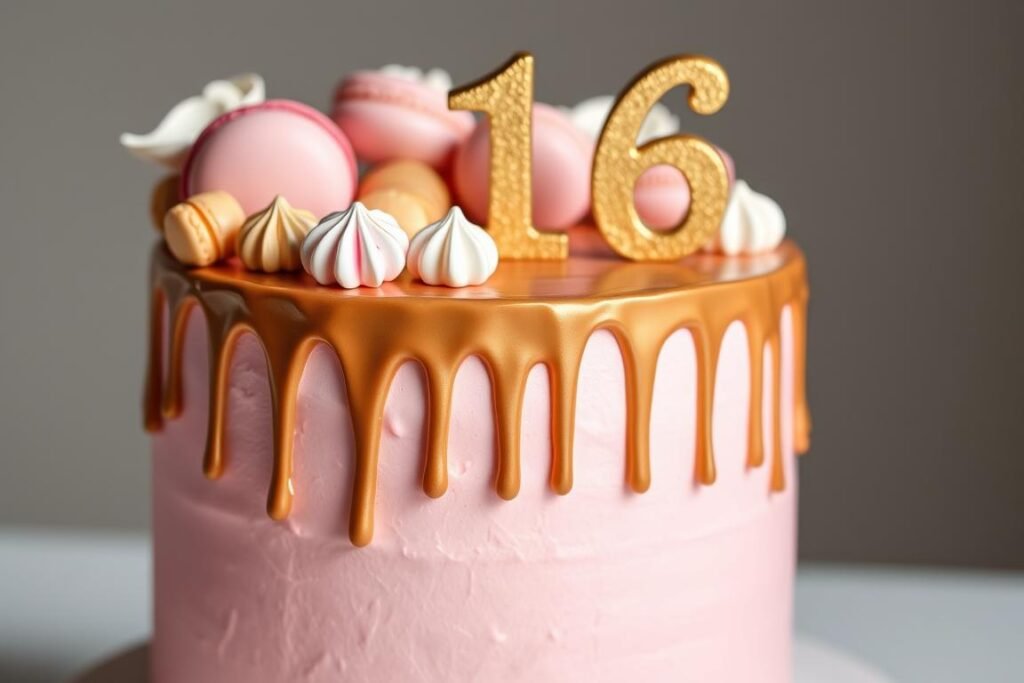 Pink and gold drip sweet 16 cake with macarons and candy decorations