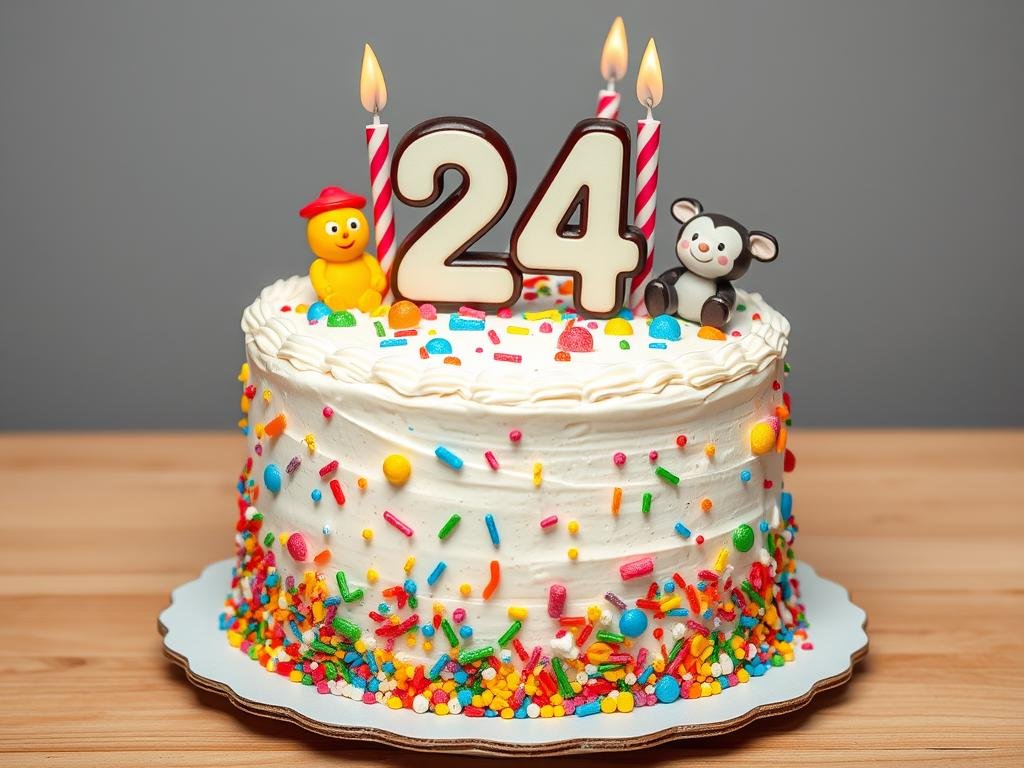 Playful 24th birthday cake with childhood theme elements