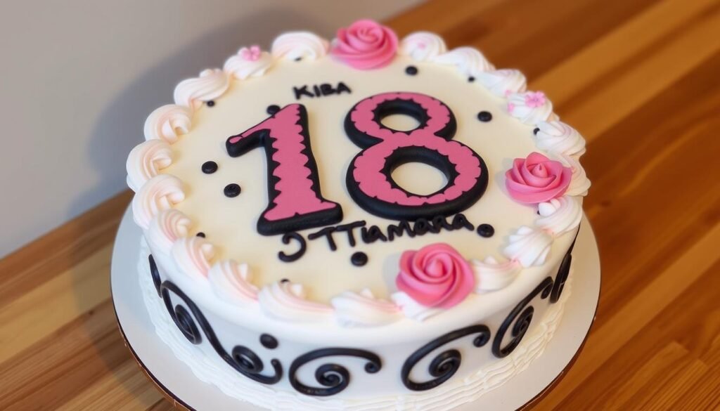 Professional 18th birthday cake with elaborate decorations
