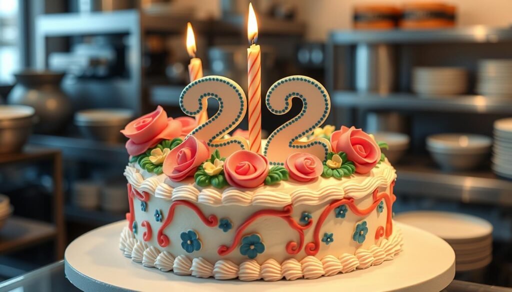 Professional 22 birthday cake with elaborate decorations