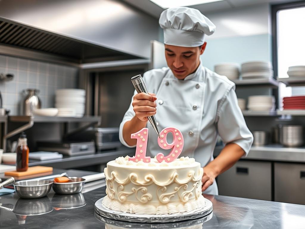 Professional baker creating a custom 19th birthday cake Professional baker creating a custom 19th birthday cake