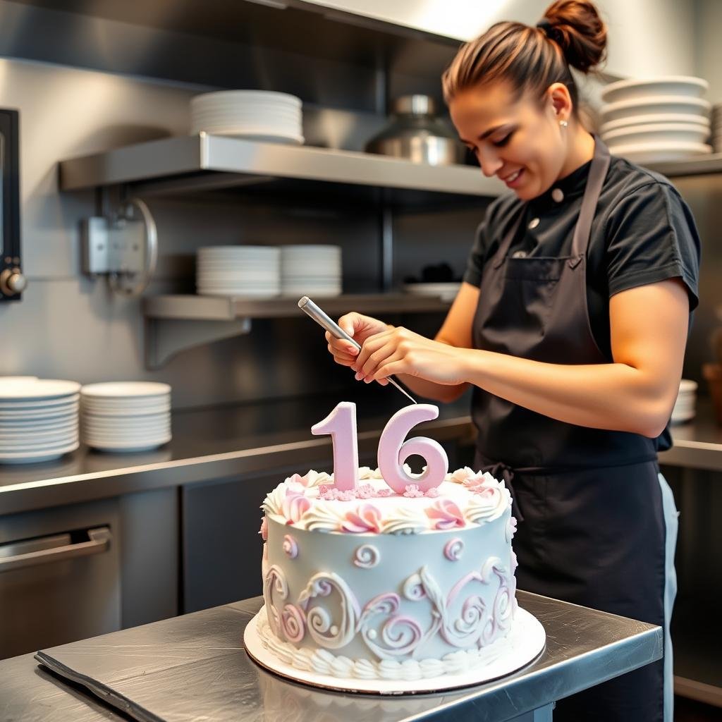 Professional baker creating an elaborate 16th birthday cake