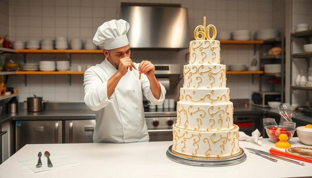 Professional baker decorating an elaborate 60th birthday cake