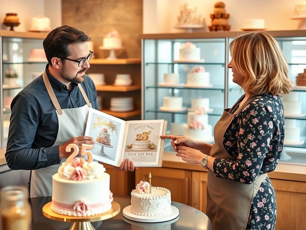 Professional baker discussing 25th birthday cake design with client