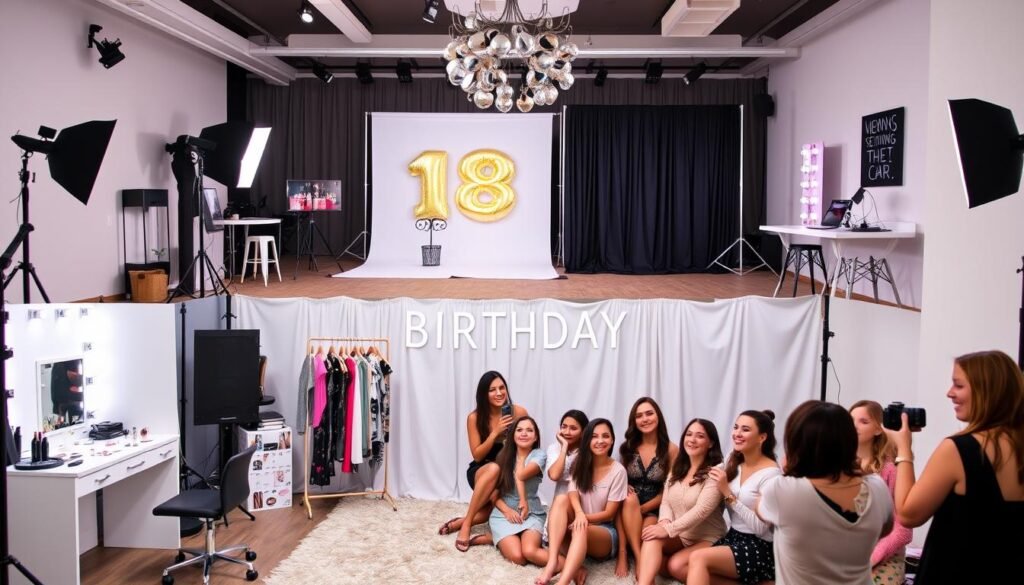 Professional photo shoot party for 18th birthday with various backdrops, props, and glamorous elements