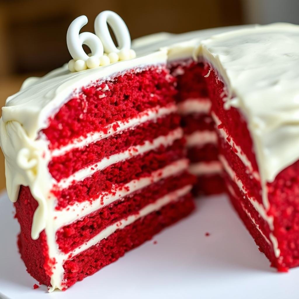 Red velvet 60th birthday cake with cream cheese frosting