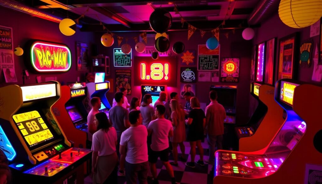 Retro Arcade 18th birthday party with classic games, neon lights, and 80s decorations