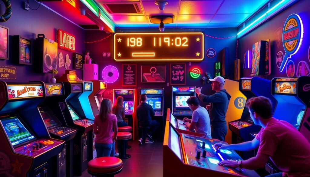 Retro arcade party for 18th birthday with classic arcade games, neon lights, and 80s/90s decorations