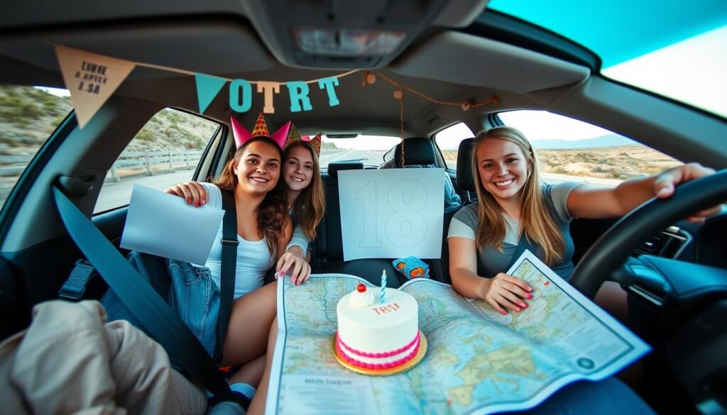 Road trip celebration for 18th birthday showing friends in a car with decorations, maps, and adventure elements