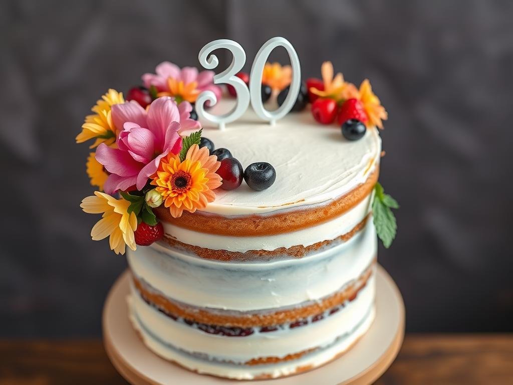 Semi-naked 30th birthday cake with fresh flowers and berries