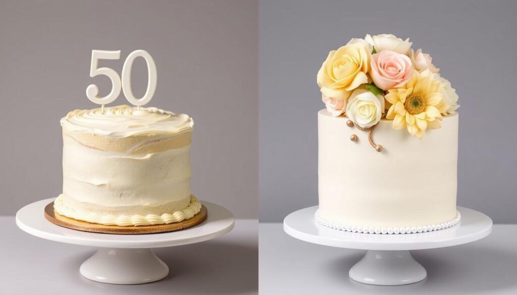Side-by-side comparison of a DIY 50th birthday cake and a professional bakery creation Side-by-side comparison of a DIY 50th birthday cake and a professional bakery creation
