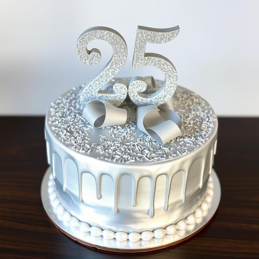 Silver themed 25th birthday cake with metallic decorations
