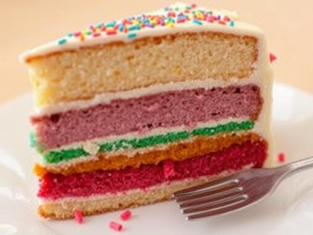 Slice of 13th birthday cake showing layers of different flavors Slice of 13th birthday cake showing layers of different flavors