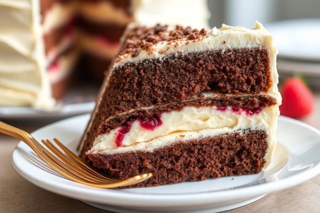 Slice of 60th birthday cake showing multiple layers and flavors