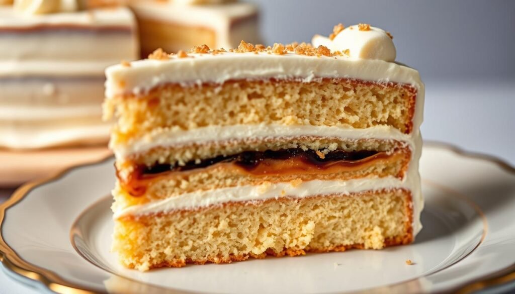 Slice of champagne-infused 21st birthday cake showing layers