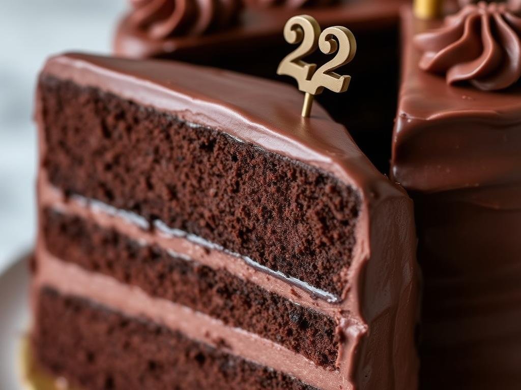 Slice of chocolate 22 birthday cake showing layers