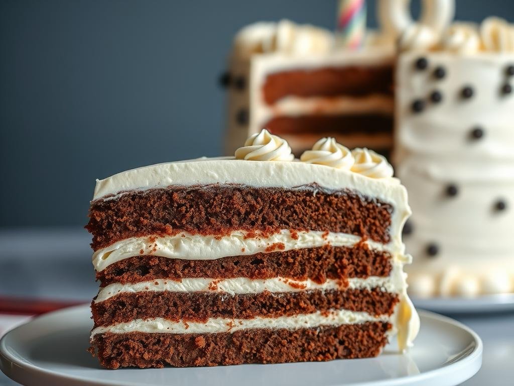 Slice of chocolate and vanilla 18th birthday cake showing layers