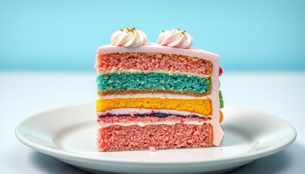 Slice of colorful sweet 16 cake showing layers and filling