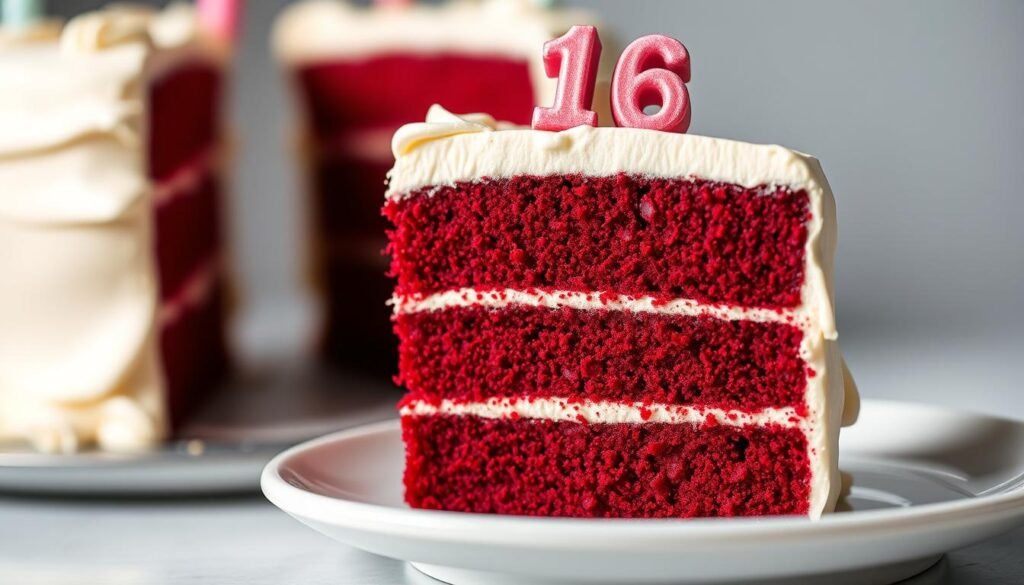 Slice of red velvet 16th birthday cake showing layers and frosting