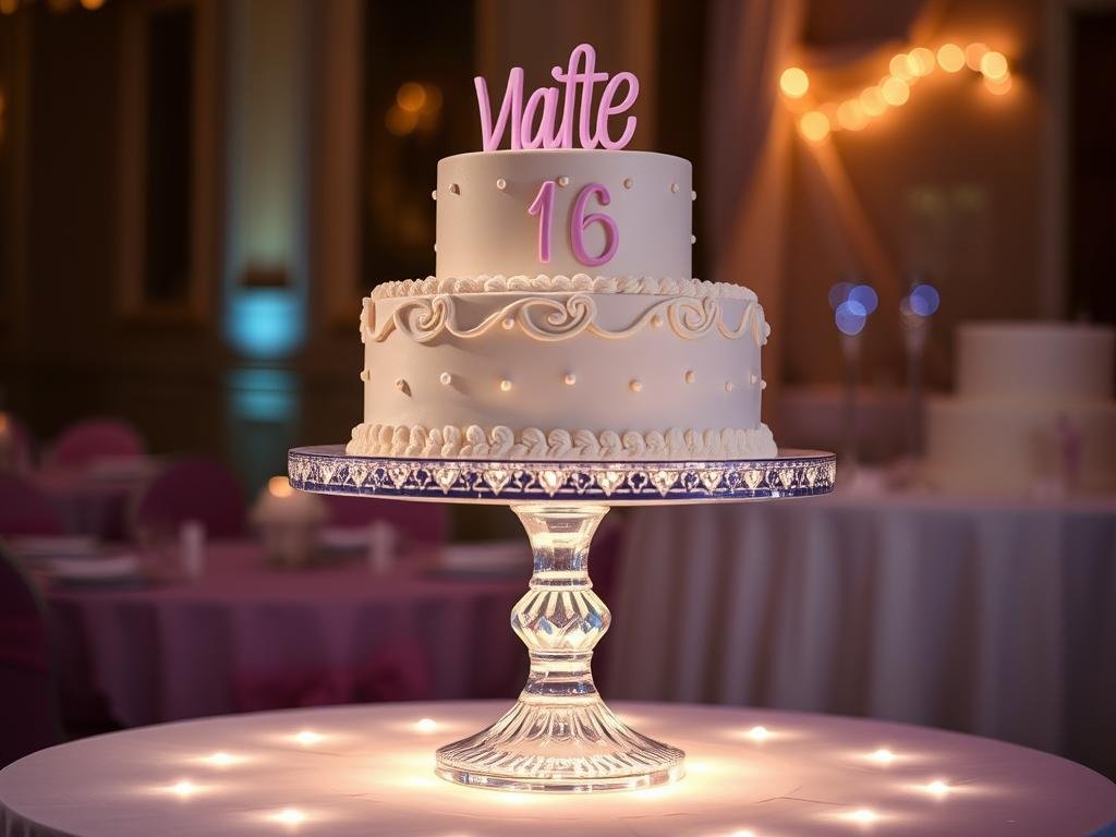Sweet 16 cake on crystal pedestal stand with LED lighting